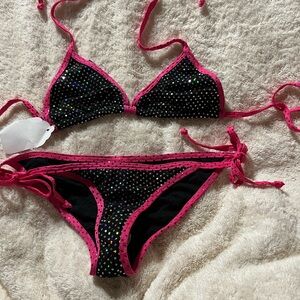 Daisy Beachwear Black Bikini Bottom with Hot Pink Trim and Iridescent Studs